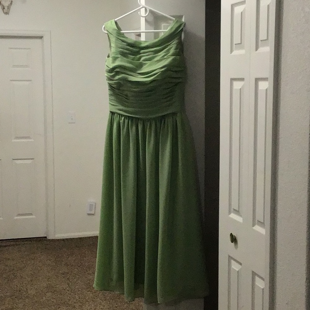 Celery green full length chiffon bridesmaid dress